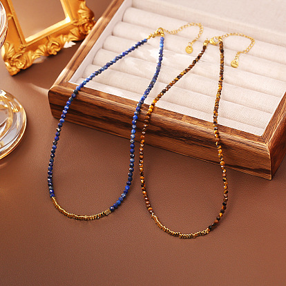 Faceted Round Natural Gemstone and Brass Beaded Necklaces, Golden
