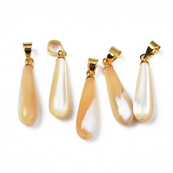 Natural Trochid Shell/Trochus Pendants, with Brass Snap on Bails, Teardrop