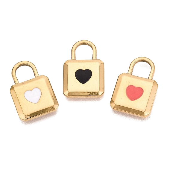 303 Stainless Steel Enamel Pendants, Lock with Heart Pattern Charms, Ion Plating(IP), Real 18K Gold Plated