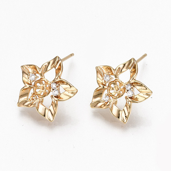 Hollow Brass Micro Pave Clear Cubic Zirconia Stud Earring Findings, with Loop and for Half Drilled Beads, Flower, Nickel Free, Real 18K Gold Plated