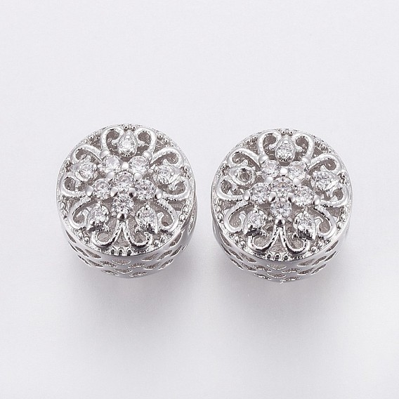Brass Micro Pave Cubic Zirconia European Beads, Large Hole Beads, Hollow, Flat Round with Flower, Clear