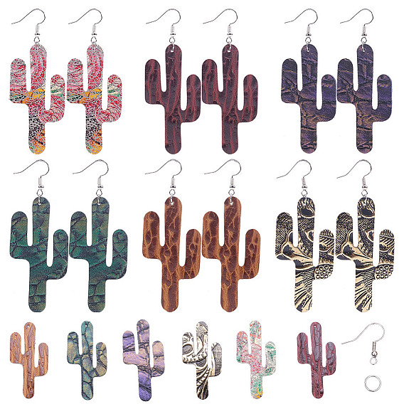 DIY Earring Making, with Eco-Friendly Cowhide Big Pendants, Brass Earring Hooks and Iron Jump Rings, Cactus