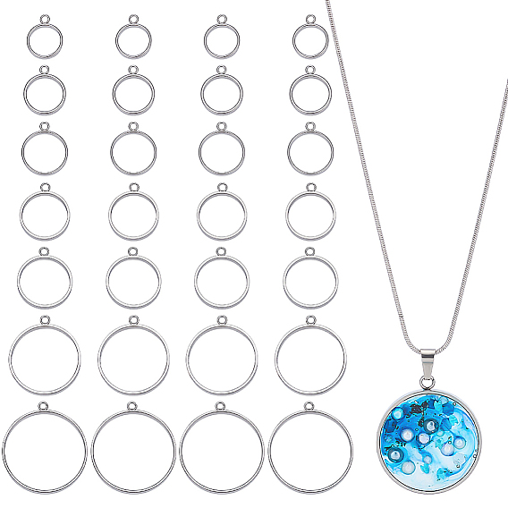 28Pcs 7 Styles Stainless Steel Pendants, Flat Round Charm