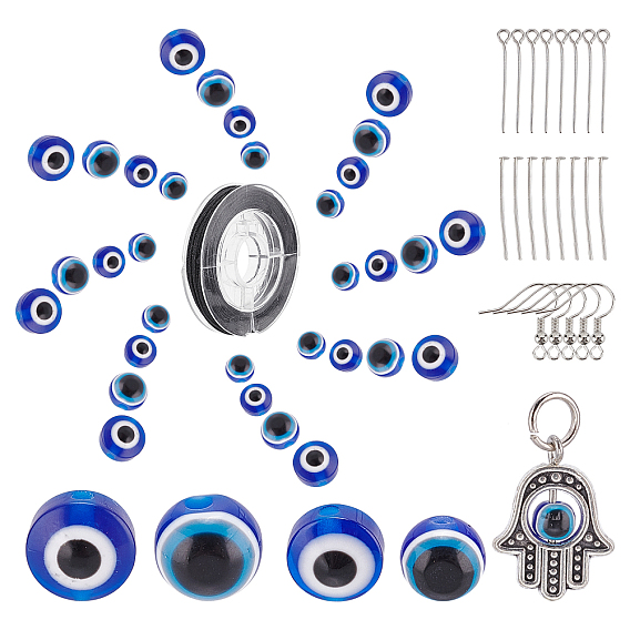 DIY Evil Eye Earring & Bracelets Making Kits, Including Evil Eye Resin Beads, Alloy Pendants, Iron Pins, Nylon Thread and Brass Earring Hooks