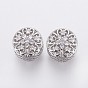 Brass Micro Pave Cubic Zirconia European Beads, Large Hole Beads, Hollow, Flat Round with Flower, Clear