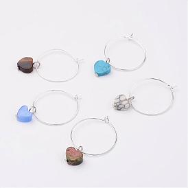 Mixed Gemstone Wine Glass Charms, with Brass Hoop, Heart