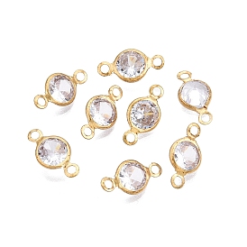 Brass Clear Cubic Zirconia Connector Charms, Flat Round Links