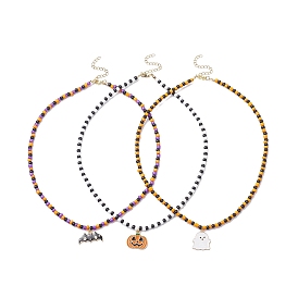 3 pcs 3 ensemble de colliers pendentif fantôme & citrouille & chauve-souris en alliage d'émail de style, colliers thème halloween en perles de verre