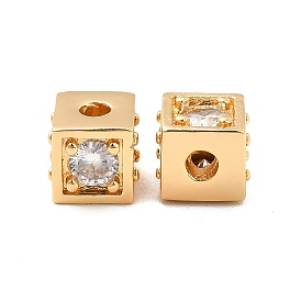 Brass Cubic Zirconia Beads, Cube, Real 18K Gold Plated