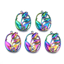 Ion Plating(IP) 304 Stainless Steel Pendants, Cadmium Free & Nickel Free & Lead Free, Oval with Tulip Flower