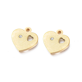 Ion Plating(IP) 304 Stainless Steel Charms, Manual Polishing, with Crystal Rhinestone, Heart, for Valentine's day