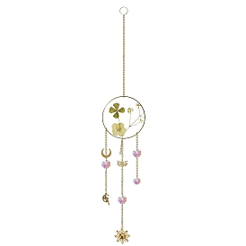 Glass Pendant Decorations, with Metal Finding and Dried Flower, Garden Window Hanging Suncatchers, Sun