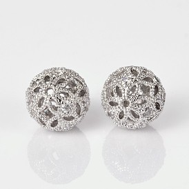 Brass Micro Pave Cubic Zirconia Hollow Round Beads, Cadmium Free & Nickel Free & Lead Free, 10mm, Hole: 1mm