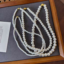 Plastic White Round Imitation Pearl Beaded Necklaces with Magnetic Clasps for Women