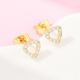 Серьги-гвоздики из латунного микро-паве, сердце, долговечный, стойки покрытие, без свинца и без кадмия