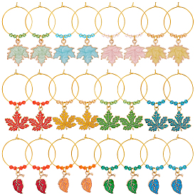 BENECREAT 24Pcs 12 Styles Alloy Enamel Leaf Wine Glass Charms, with Glass Bead & Brass, for Thanksgiving Day