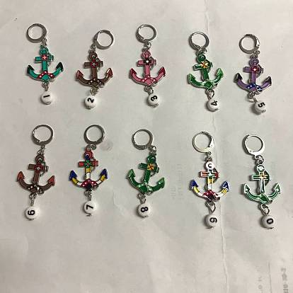 Marqueurs de point de verrouillage pendentif en alliage d'émail, 304 marqueur de point en acier inoxydable, ancre et numéro rond plat acrylique 0~9
