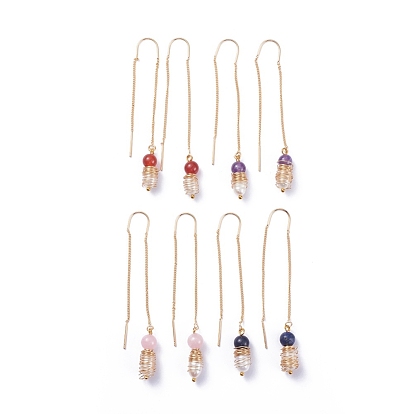Stud Earrings, Ear Thread, with Natural Gemstone, Natural Cultured Freshwater Pearl and Brass Findings