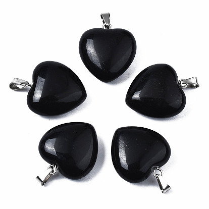 Natural Obsidian Pendants, with Stainless Steel Snap On Bails, Heart, Stainless Steel Color