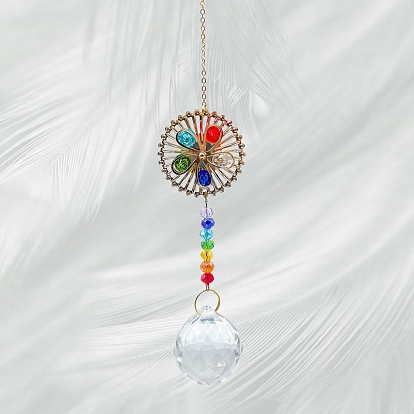 Metal Flower Hanging Ornaments, Glass Round Tassel Suncatchers for Garden Outdoor Decoration