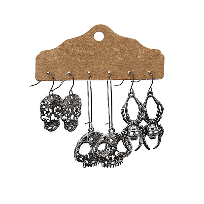 3 Pairs 3 Style Skull & Spider Alloy Dangle Earrings Set, Halloween Iron Jewelry for Women