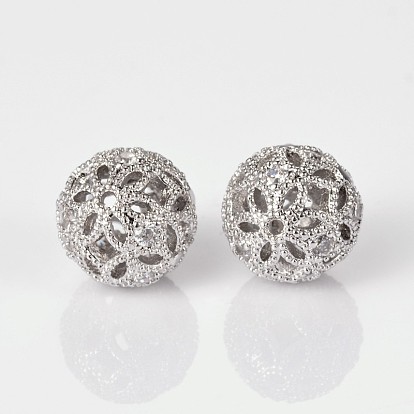 Brass Micro Pave Cubic Zirconia Hollow Round Beads, Cadmium Free & Nickel Free & Lead Free, 10mm, Hole: 1mm