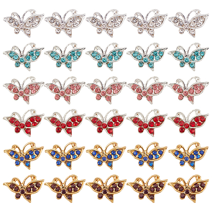 30Pcs 6 Colors Alloy Rhinestone Cabochons, Butterfly, Golden