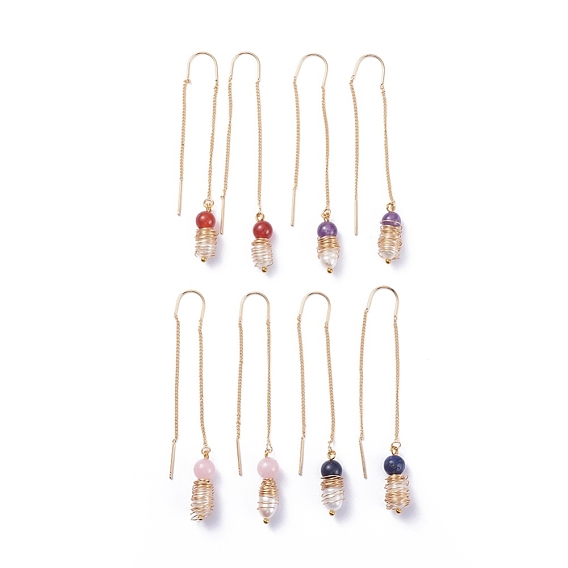 Stud Earrings, Ear Thread, with Natural Gemstone, Natural Cultured Freshwater Pearl and Brass Findings