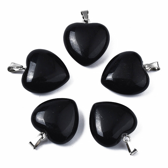Natural Obsidian Pendants, with Stainless Steel Snap On Bails, Heart, Stainless Steel Color