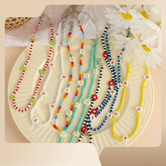 Ожерелья из стеклянных бус в виде цветка маргаритки в стиле бохо с цепочками на концах из сплава