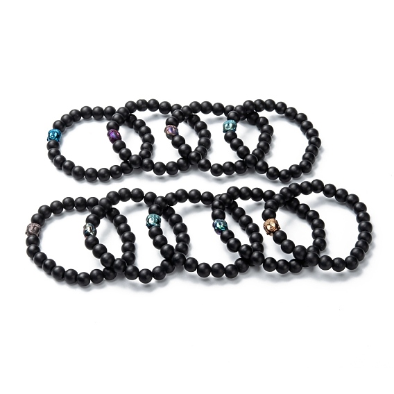 Frosted Round Glass Beads Stretch Bracelets, with Alloy Buddha Head, Black