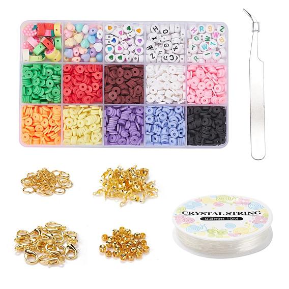 DIY Schmuckherstellungsset, einschließlich Acryl-Perlen, Manuell Polymer Ton Perlen, Eisen-Endkappen, Elastische Kordel Kristallschnur Kristall Faden, 410 Edelstahlpinzette, Zink-Legierung Spangen, Messing-Sprungringe & Quetschperlen