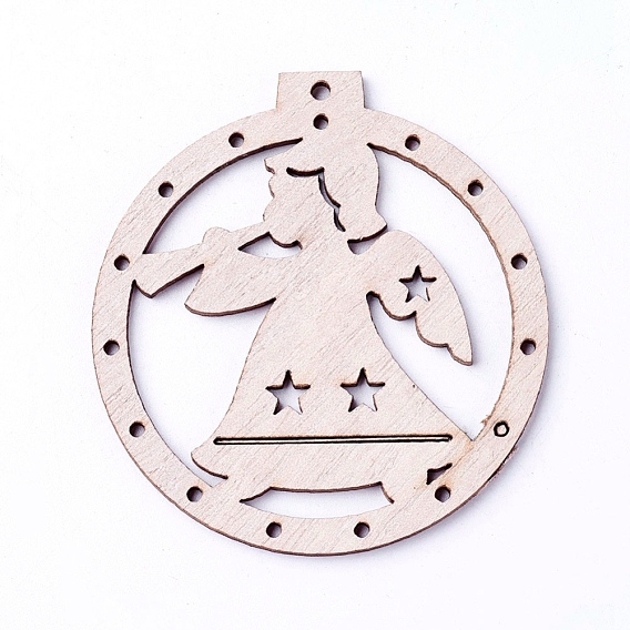 Undyed Wood Big Pendants, Flat Round with Angel