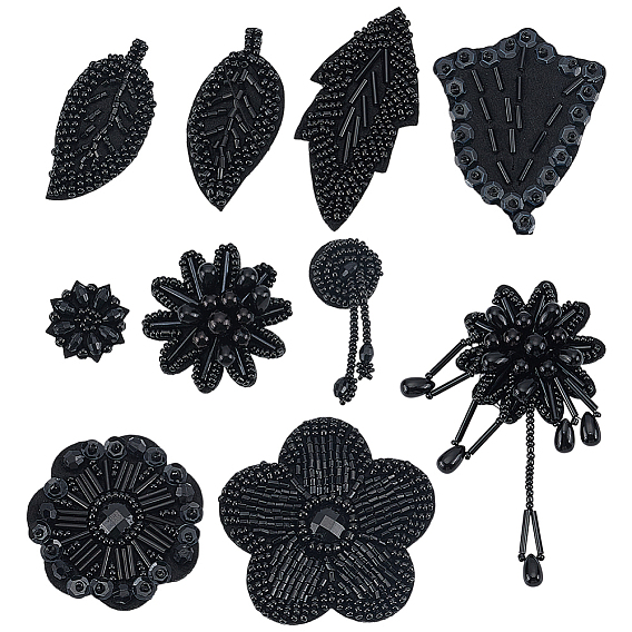 10шт. 10 виды нашивок из фетра, полиэстера и стеклянных бусин для пришивания, швейные украшения, чёрные