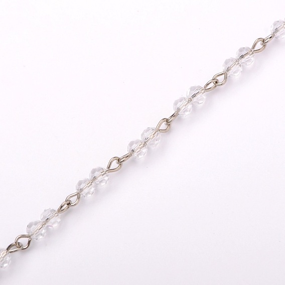 Handmade Round Glass Beads Chains for Necklaces Bracelets Making, with Iron Eye Pin, Unwelded, Platinum