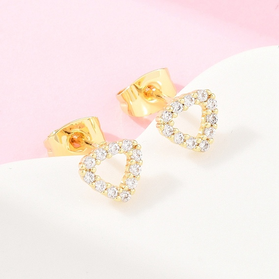 Серьги-гвоздики из латунного микро-паве, сердце, долговечный, стойки покрытие, без свинца и без кадмия