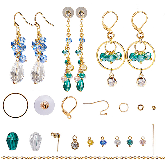 DIY Earring Making, with Unwelded Brass Cable Chains, Brass Linking Rings, Electroplated Glass Charms and Brass Earring Findings