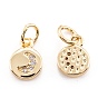 Brass Micro Pave Clear Cubic Zirconia Beads Pendant, Long-Lasting Plated, Flat Round with Moon