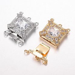 Brass Cubic Zirconia Box Clasps, Cadmium Free & Nickel Free & Lead Free, Rectangle, 25x21.5x7mm, Hole: 1.5 & 2.5mm