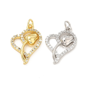 Brass Micro Pave Clear Cubic Zirconia Pendants, with Jump Ring, Heart with Tulip Flower Charm