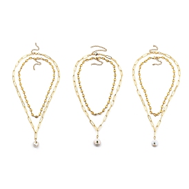 Pendant Necklaces Sets, with 304 Stainless Steel Coffee Bean Chains, Brass Paperclip Chains, Natural Pearl Pendants, Brass Micro Pave Cubic Zirconia Cabochons, Golden