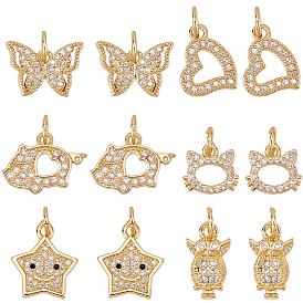 Fingerinspire 12Pcs 6 Style Brass Micro Pave Clear Cubic Zirconia Charms, Cadmium Free & Lead Free, Long-Lasting Plated, Mixed Shape