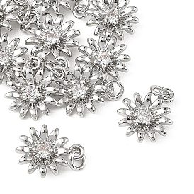 SHEGRACE Brass Micro Pave Clear Cubic Zirconia Pendants, Cadmium Free & Nickel Free & Lead Free, Flower Charms