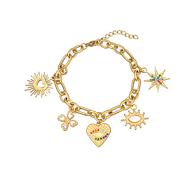 Bracelet à breloques coeur, œil et étoile en acier inoxydable et zircone cubique pour femme