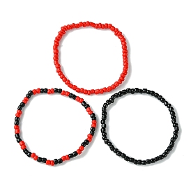 3Pcs 3 Styles Round Glass Seed Beaded Stretch Bracelet Sets, Stackable Bracelets