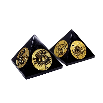 Natural Obsidian Pyramid with Mythical Beast Sign Figurines, for Home Office Desk Decoration