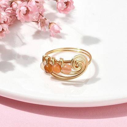 Natural Mixed Gemstone Round Beaded Finger Ring, Light Gold Copper Wire Wrapped Vortex Ring