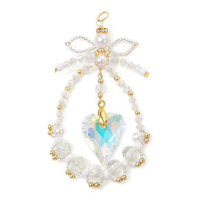 Стеклянные большие кулоны, капля с сердцем и бантом, с имитацией жемчуга из АБС-пластика и 304 бусинами из нержавеющей стали и латунными держателями для ледорубов, граненые