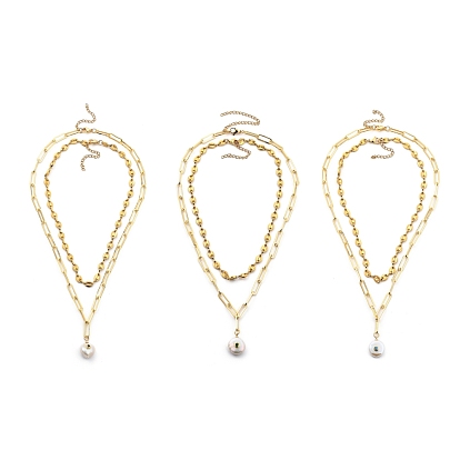 Pendant Necklaces Sets, with 304 Stainless Steel Coffee Bean Chains, Brass Paperclip Chains, Natural Pearl Pendants, Brass Micro Pave Cubic Zirconia Cabochons, Golden