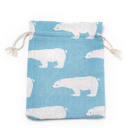 Polycotton(Polyester Cotton) Packing Pouches Drawstring Bags, with Printed White Bear